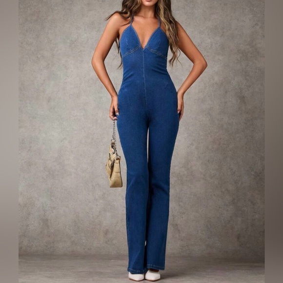 Women's
Backless Tie Denim Jumpsuit, Casual - Picture 1 of 4